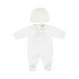 Front view of Elisabetta Franchi La Mia Bambina short-sleeved ivory babygrow featuring a pink branded bow embroidery and Peter Pan collar.