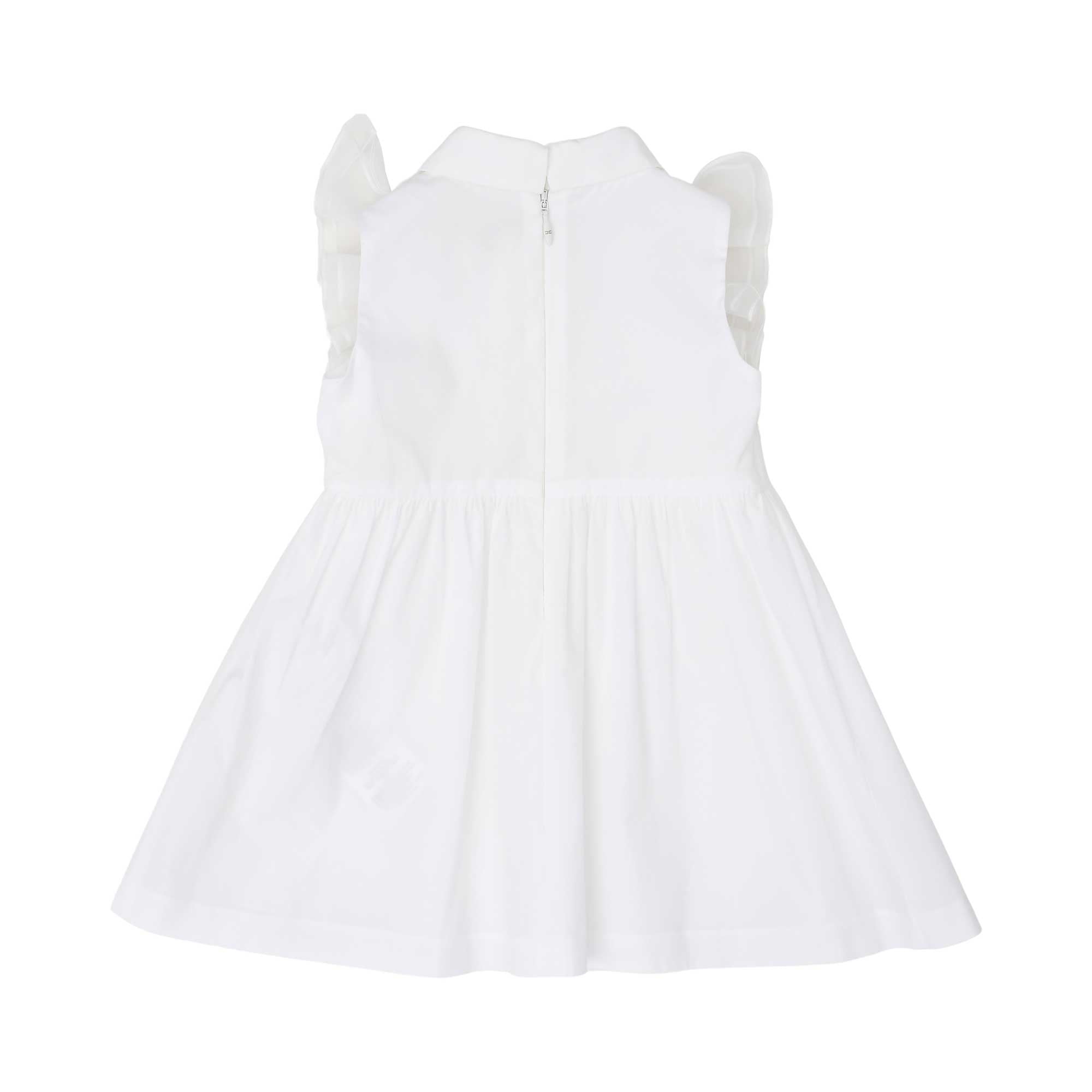 Back view of the Elisabetta Franchi Kids white mixed-media dress showing the horizontal pleated texture and the central back zipper.