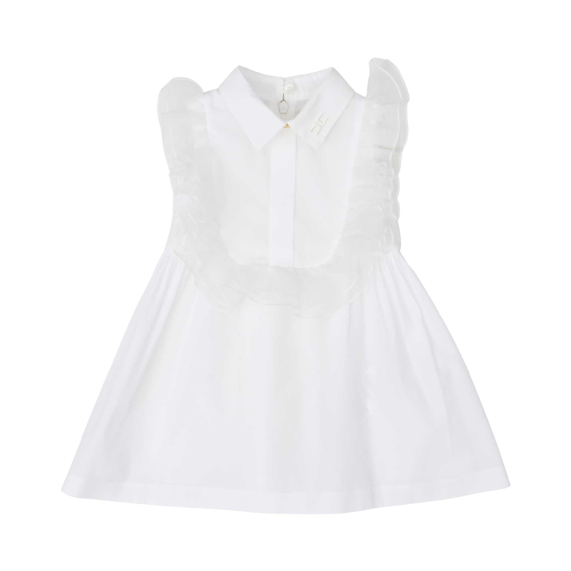 Front view of Elisabetta Franchi Kids girls' white dress featuring a combination of satin panels and pleated tulle inserts with gold hardware on the straps.