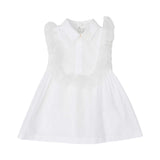 Front view of Elisabetta Franchi Kids girls' white dress featuring a combination of satin panels and pleated tulle inserts with gold hardware on the straps.