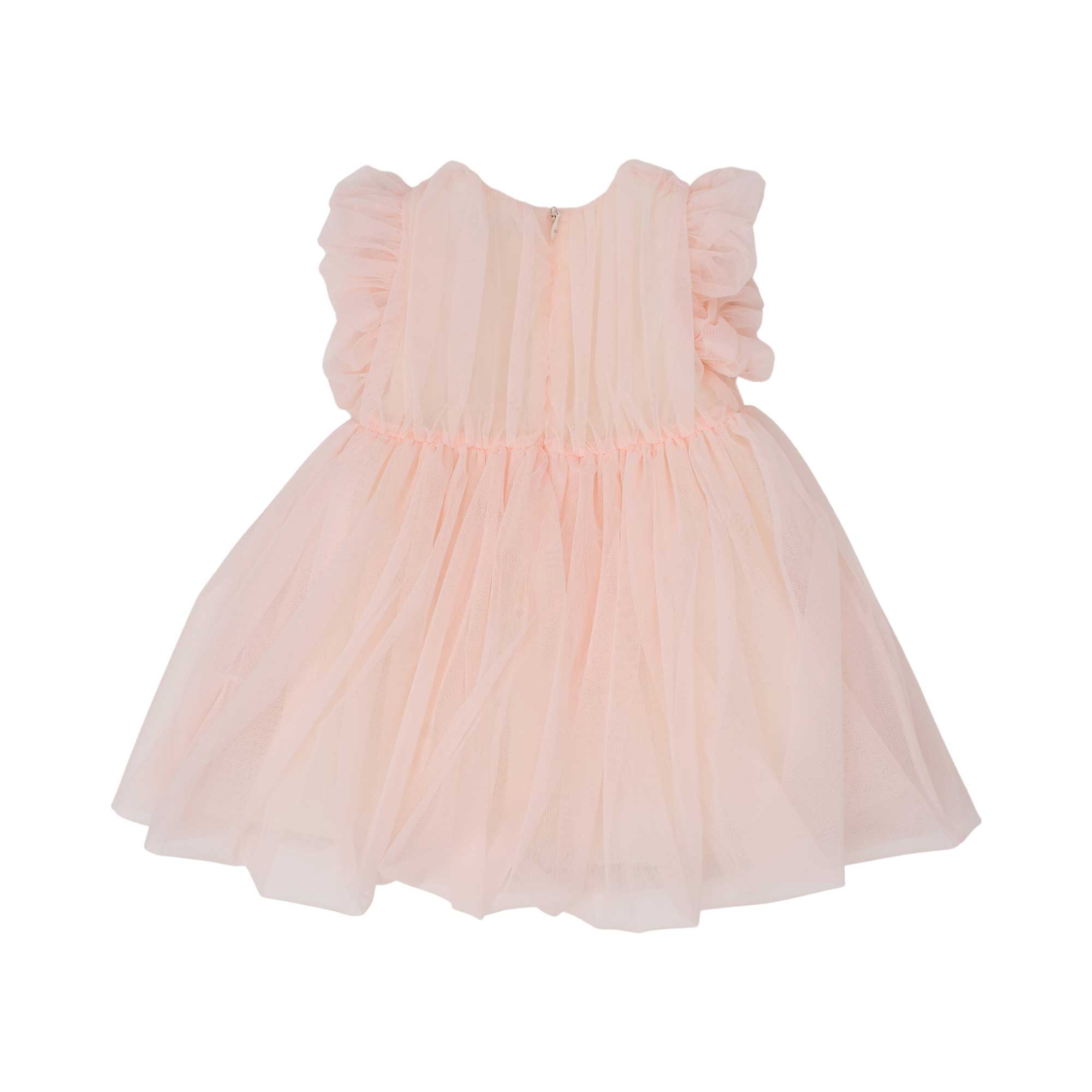 Back view of the Elisabetta Franchi Kids tulle dress showing the ruffled shoulder details and the concealed back zipper.