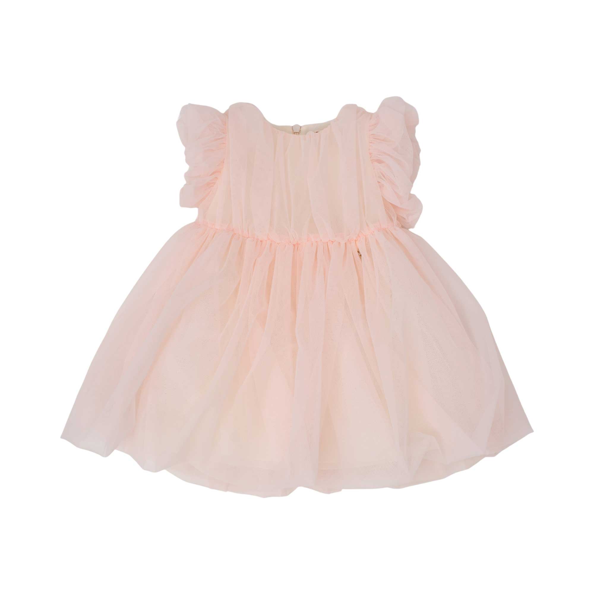 Front view of a girls' soft peach tulle dress by Elisabetta Franchi Kids featuring ruffled sleeves and a voluminous layered skirt.