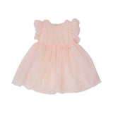 Front view of a girls' soft peach tulle dress by Elisabetta Franchi Kids featuring ruffled sleeves and a voluminous layered skirt.