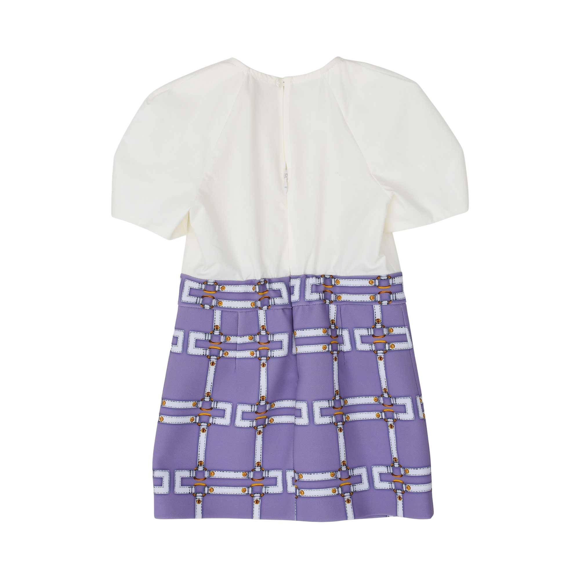 Back view of the Elisabetta Franchi Kids combination dress showing the lavender printed skirt and the discreet back zipper closure.