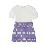 Front view of Elisabetta Franchi Kids girls' dress featuring a white short-sleeved top and a lavender purple skirt with a white belt-and-buckle pattern.