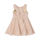 Back view of Elisabetta Franchi Kids sleeveless pink dress showing the V-neckline, central zipper, and two large gold logo buttons on the shoulders.