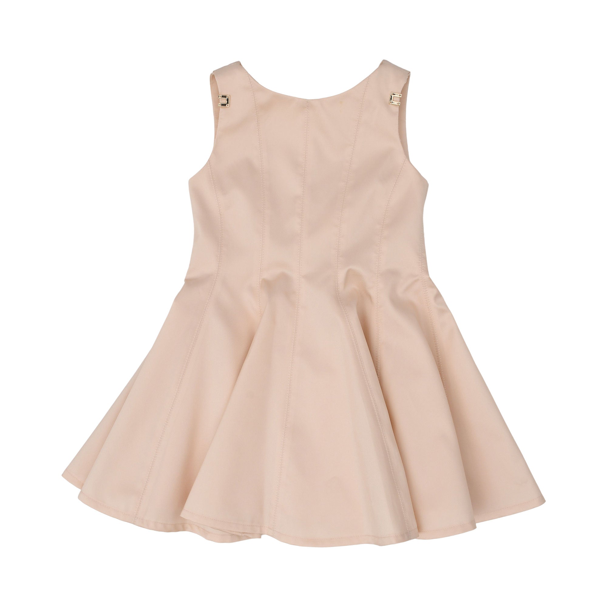 Front view of the Elisabetta Franchi Kids girls' dress in powder pink, featuring a flared skirt and small gold hardware details on the shoulder straps.