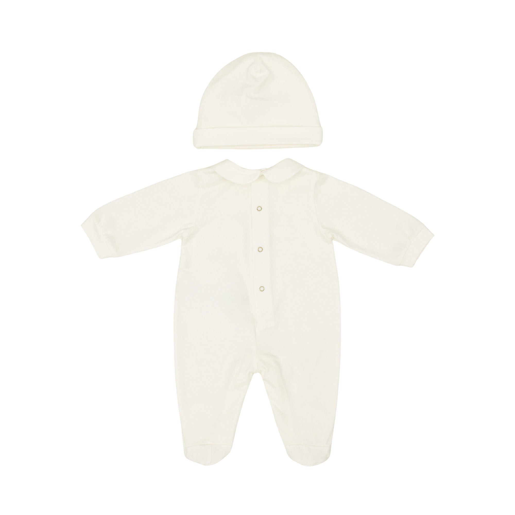 Full back view of an off-white baby romper and beanie set showing snap-button closures along the center back spine and a clean, seamless finish.