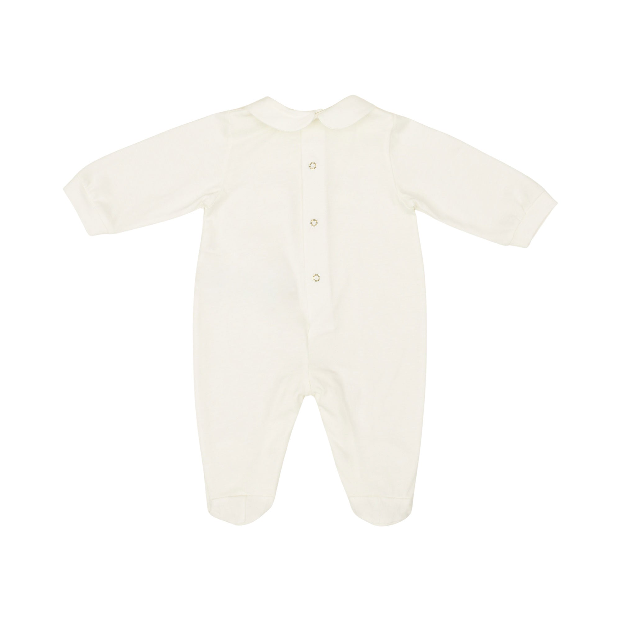 Back view of an ivory cotton baby romper illustrating the neat collar line and three polished snap-button fasteners along the center upper back.
