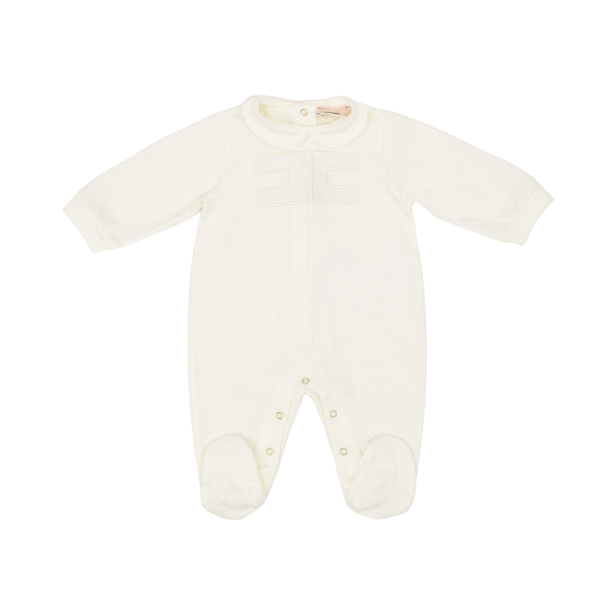 Front view of an off-white Elisabetta Franchi baby romper showing a Peter Pan collar, long sleeves, attached footies, and an embroidered interlocking logo on the chest.