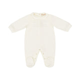 Front view of an off-white Elisabetta Franchi baby romper showing a Peter Pan collar, long sleeves, attached footies, and an embroidered interlocking logo on the chest.