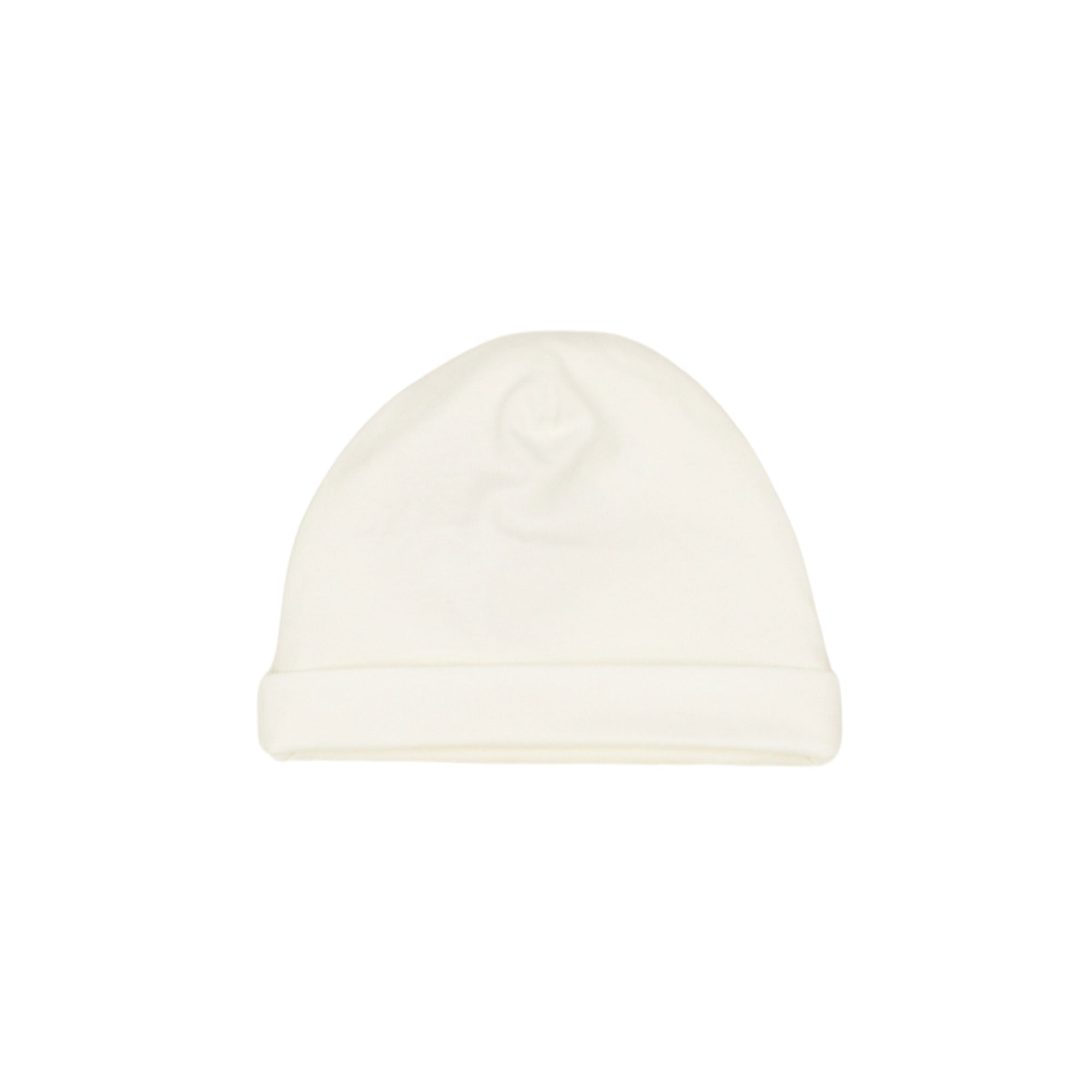 Back view of a minimalist off-white baby beanie showing clean stitching lines and a smooth, comfortable fabric panel.