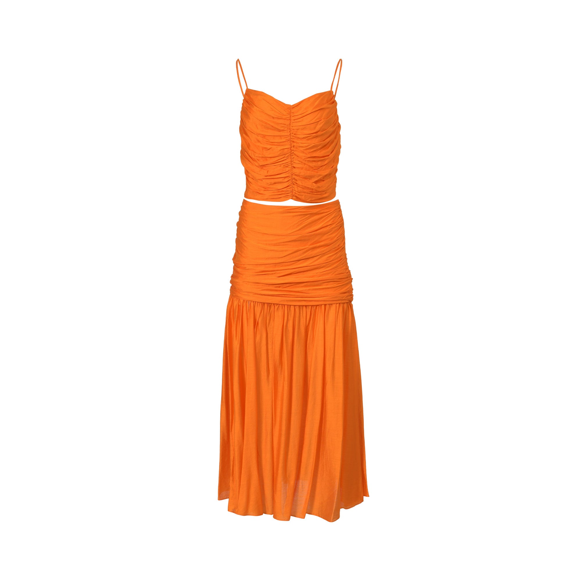 Front view of the ELSAVA orange matching set showcasing the detailed vertical ruching on the crop top and the fitted ruched yoke of the fluid midi skirt against a clean white background.