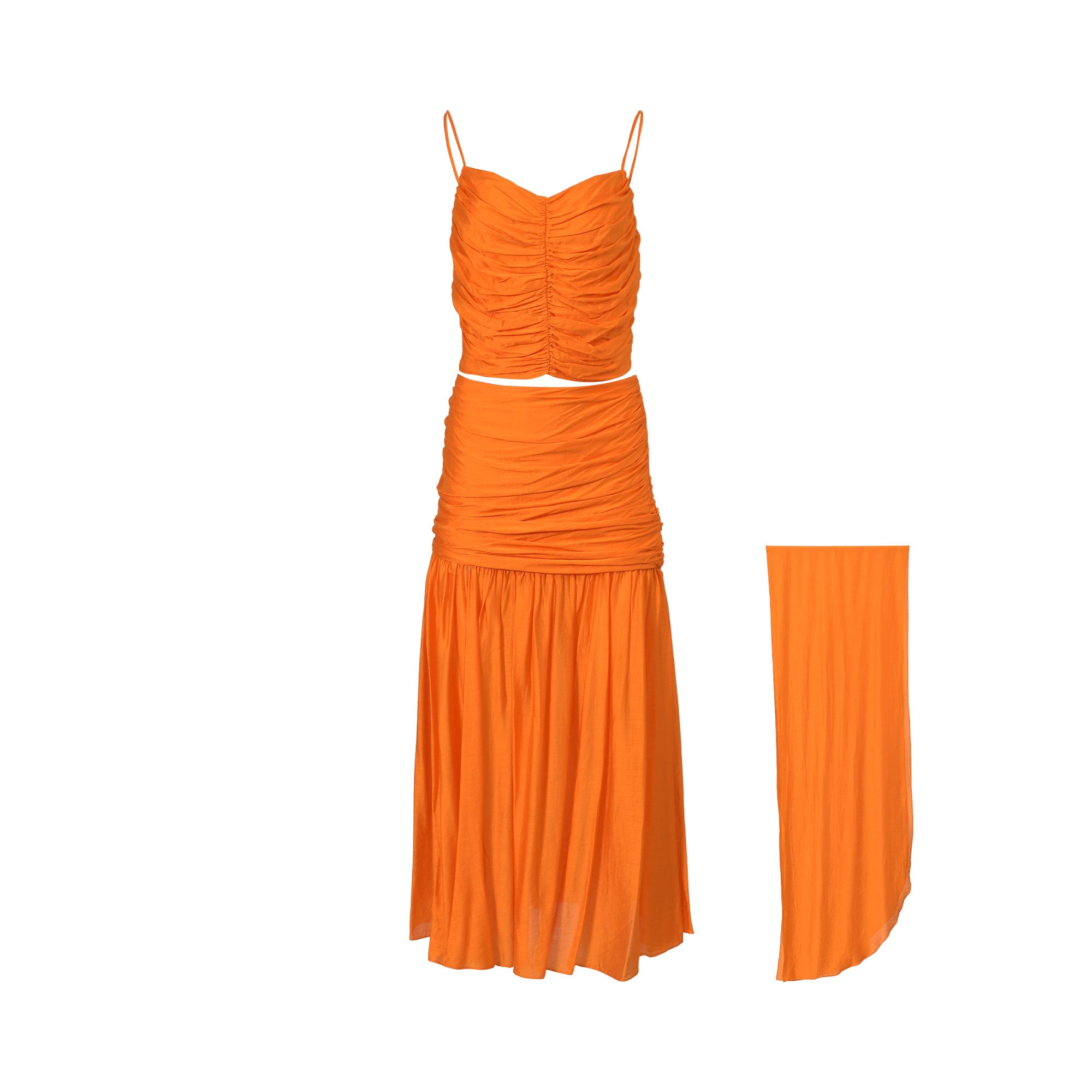 Front view of the ELSAVA vibrant orange three-piece set displaying the ruched camisole crop top, matching high-waisted pleated midi skirt, and accompanying lightweight scarf on the side against a white background.