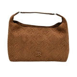 Ermanno Firenze cognac suede hobo bag with embossed ER monogram pattern, gold logo, and soft shoulder strap. Shop the Latest Online.