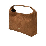 Ermanno Firenze cognac suede hobo bag with embossed ER monogram pattern, gold logo, and soft shoulder strap. Shop the Latest Online.
