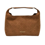 Ermanno Firenze cognac suede hobo bag with embossed ER monogram pattern, gold logo, and soft shoulder strap. Shop the Latest Online.