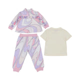 Back view of the Pucci Kids tracksuit showing the ruffle detail on the jacket and the back pocket on the swirl print joggers.