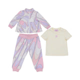 Front view of Emilio Pucci Kids 3-piece set featuring a purple and pink swirl print zip jacket, matching joggers, and a cream logo t-shirt.