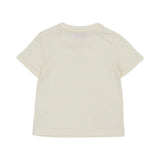 Close-up Back view of the Emilio Pucci cream t-shirt with a pink fish emblem and shoulder snap buttons