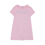 Front view of a light pink Emilio Pucci girls' t-shirt dress featuring a silver crystal-embellished logo on the chest.