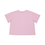 Rear view of a plain light pink cotton cropped T-shirt for girls by Emilio Pucci showing the boxy fit and ribbed neckline.