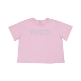 Front view of a girls' light pink Emilio Pucci cropped T-shirt featuring the word "PUCCI" spelled out in silver rhinestones.