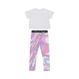 Back view of Emilio Pucci kids set featuring a white rhinestone logo T-shirt and purple Marmo print leggings.