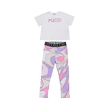 Front view of Emilio Pucci kids set featuring a white rhinestone logo T-shirt and purple Marmo print leggings.