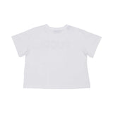Close-up Back view of Emilio Pucci white cotton T-shirt with pink rhinestone "PUCCI" logo on the chest.