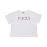 Close-up of Emilio Pucci white cotton T-shirt with pink rhinestone "PUCCI" logo on the chest.