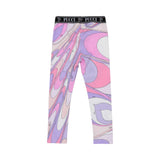Back View of Emilio Pucci girls' leggings featuring the Marmo swirl print in pink and purple with a black logo waistband.