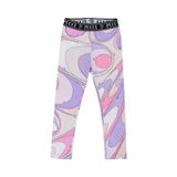 Emilio Pucci girls' leggings featuring the Marmo swirl print in pink and purple with a black logo waistband.