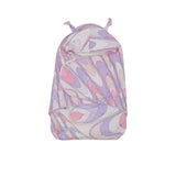 Front view of a closed Emilio Pucci baby nest featuring a pink and purple Iride psychedelic swirl pattern with a knotted hood.