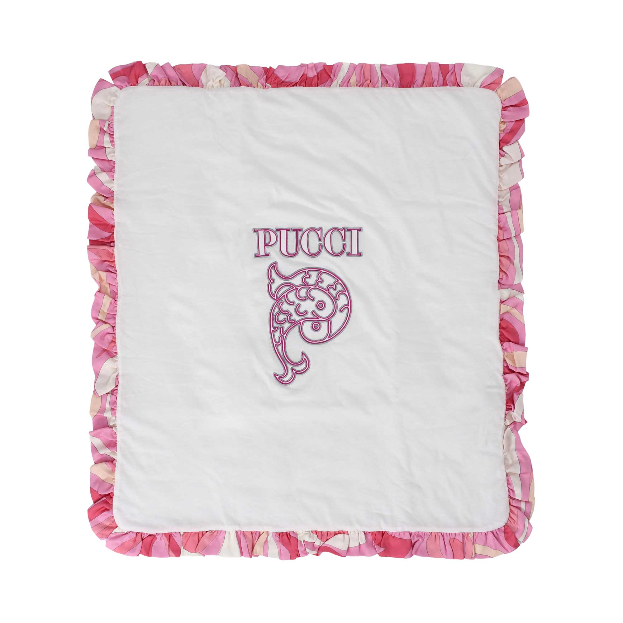 Emilio Pucci Kids Ivory/Pink Blanket with logo and ruffle trim – Shop Now Online