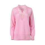 A long-sleeved pink Ermanno Firenze sweater featuring a deep V-neckline decorated with intricate pink floral lace embroidery against a white background.