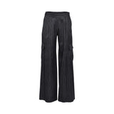 Ermanno Firenze black pinstripe wide-leg trousers featuring a tailored waist and side cargo pockets for a refined yet modern utility look.