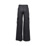 Ermanno Firenze black pinstripe wide-leg trousers featuring a tailored waist and side cargo pockets for a refined yet modern utility look.