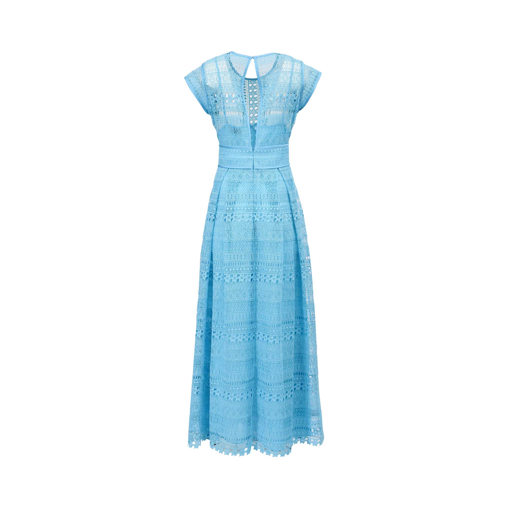 Back view of the Ermanno Firenze blue lace maxi dress highlighting the keyhole back cutout and a hidden zip closure, available at BLUE SALON shop.
