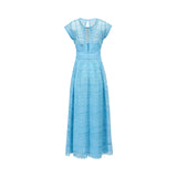 Back view of the Ermanno Firenze blue lace maxi dress highlighting the keyhole back cutout and a hidden zip closure, available at BLUE SALON shop.