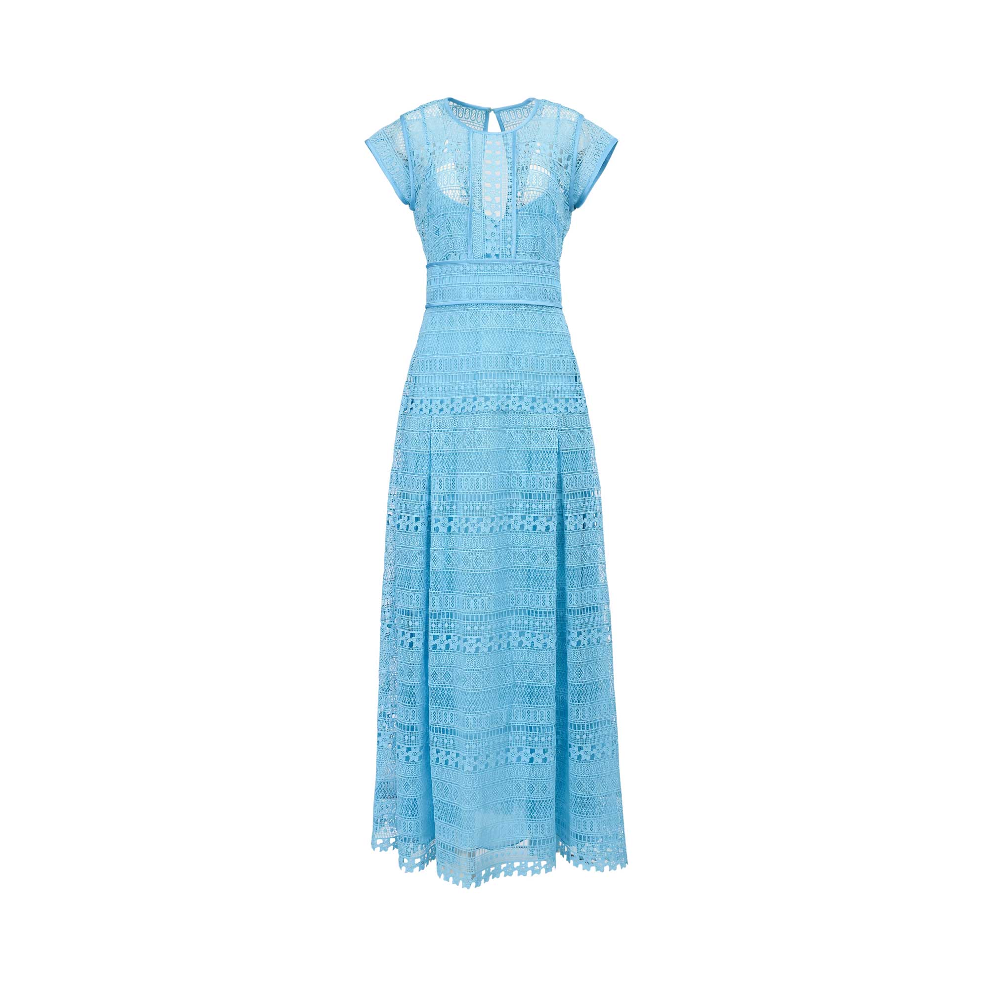 Front view of an Ermanno Firenze cerulean blue maxi dress showcasing intricate geometric lace paneling and a defined banded waist from BLUE SALON shop.