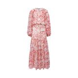 Studio front view of the Ermanno Firenze coral pink patterned maxi dress highlighting its long bishop sleeves, keyhole tie neck, and tiered skirt construction.