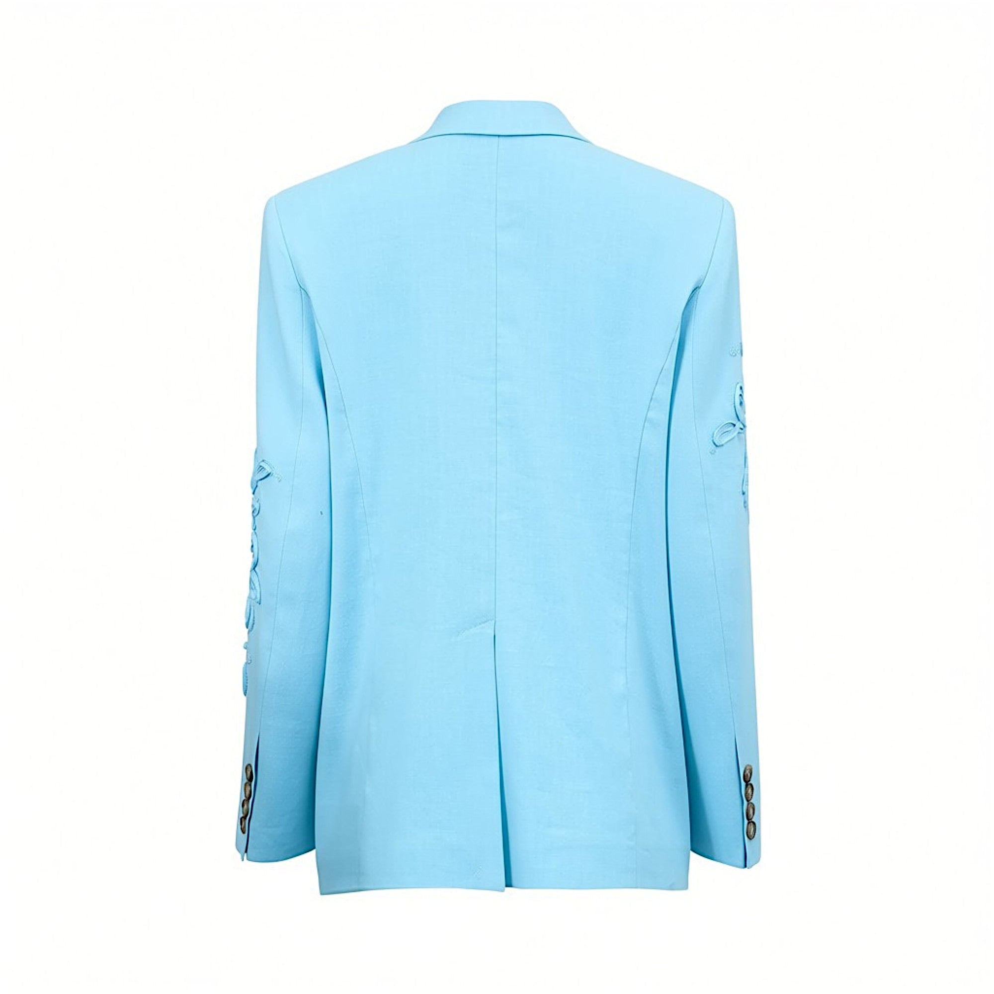 Rear view of the light blue Ermanno Firenze tailored blazer showing the clean back seams and central vent, from BLUE SALON.