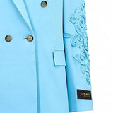 Ermanno Firenze Light blue blazer with intricate embroidery on a white background.