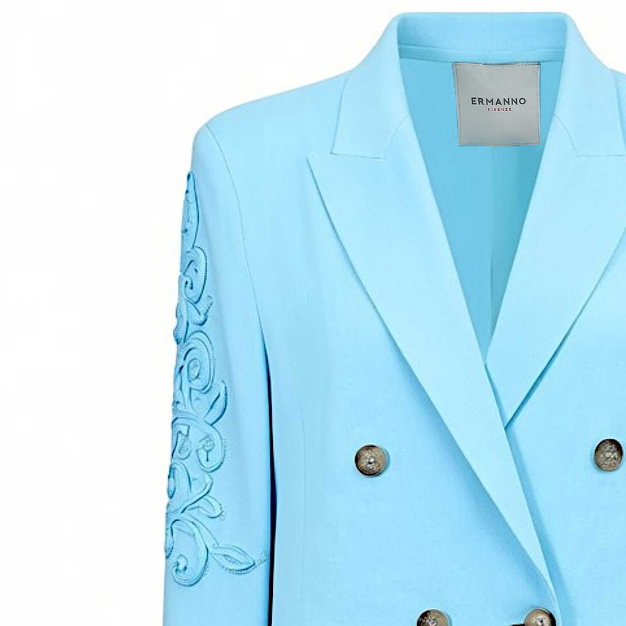 Light blue blazer with floral embroidery on sleeves and 'Ermanno' label.
