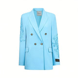 Front view of the Ermanno Firenze light blue double-breasted blazer with embroidered sleeves, showcased at the BLUE SALON shop.