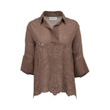 Front studio shot of a brown linen ERMANNO FIRENZE women's popover blouse, featuring a open V-neck collar and elaborate tonal eyelet embroidery.