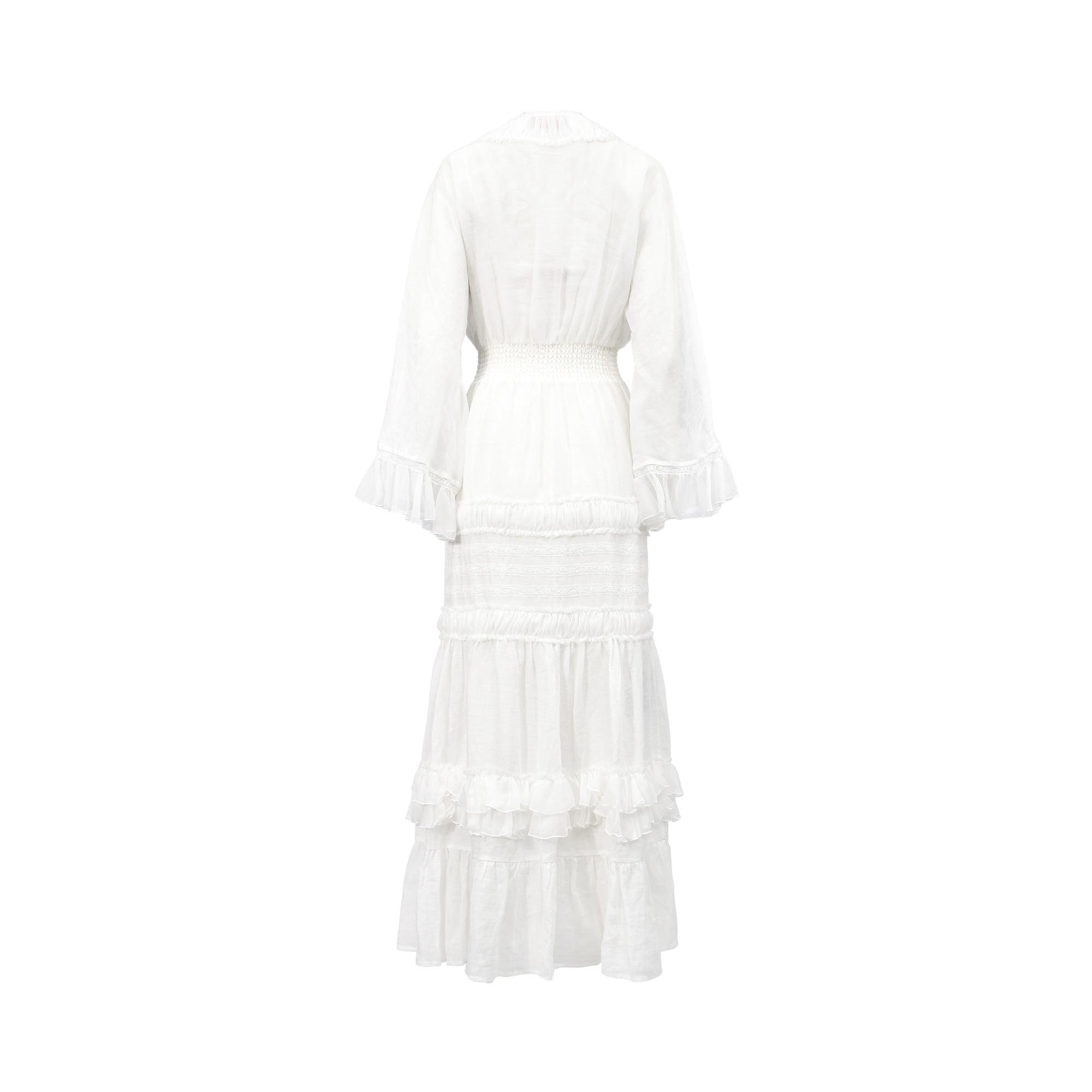 Back view of the Ermanno white maxi dress highlighting the smocked elastic waist and detailed lace trim tiered paneling, available at BLUE SALON shop.
