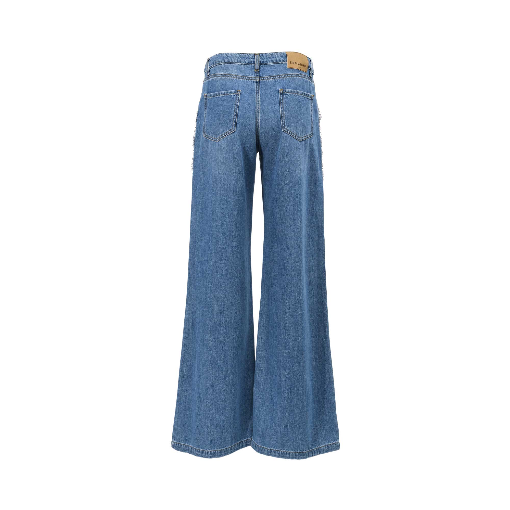 Back view of the Ermanno Firenze wide-leg jeans highlighting the clean pocket placement and the tan leather logo brand patch on the waistband, available at BLUE SALON shop.