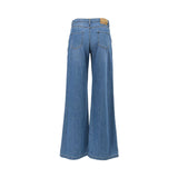 Back view of the Ermanno Firenze wide-leg jeans highlighting the clean pocket placement and the tan leather logo brand patch on the waistband, available at BLUE SALON shop.